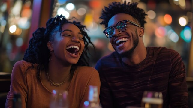 A young couple laughing while answering trivia questions on a date night