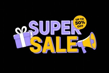 Super Sale announcement with up to 50% off, featuring a gift box and megaphone.