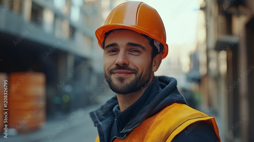 Poster Smiling Construction Worker With Hard Hat at Building Site : Generative AI