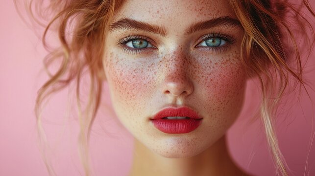 A close-up captures striking facial features and vibrant lip color, emphasizing their distinctive style