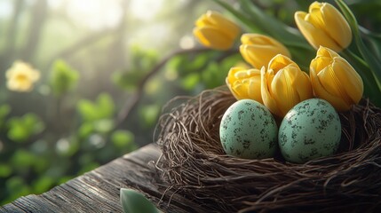 Fototapeta premium Easter celebration with yellow tulips and green eggs in rustic nest setting