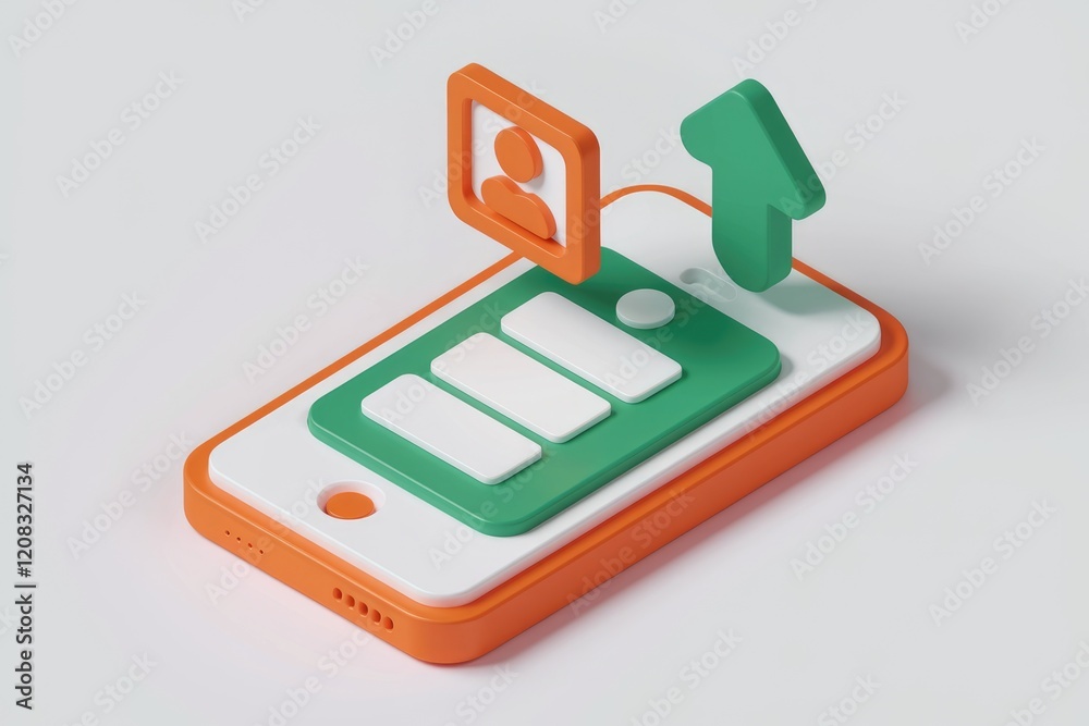 Aufkleber 3D render of a smartphone with upload icon, user profile, and data bars, symbolizing mobile data uploading.