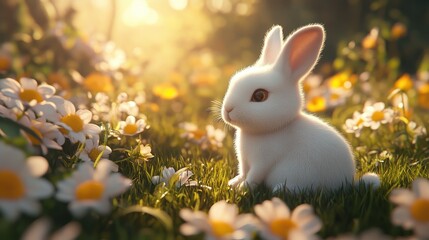 Cute white easter bunny in sunlit meadow with daisies
