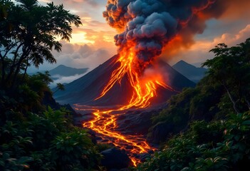 Fototapeta premium Volcanic Eruption: Fiery Lava Flows Through Lush Tropical Landscape