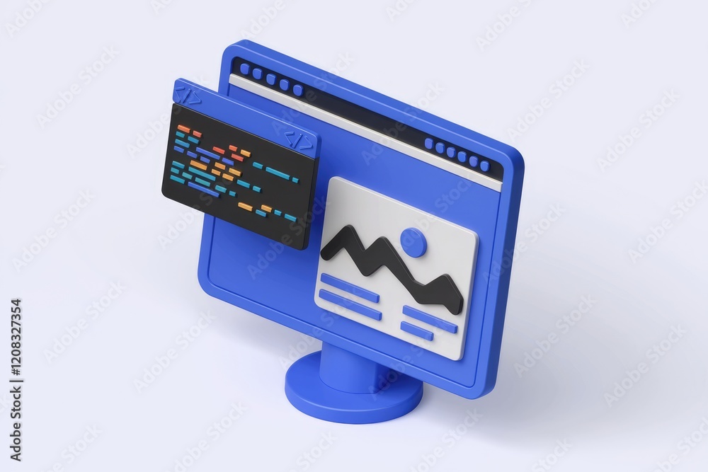 Poster 3D render of a computer screen displaying website design code and a sample image.