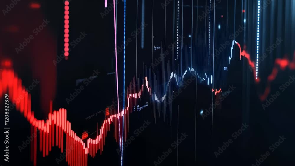 Poster red and blue glowing lines representing cryptocurrency prices are fluctuating on a digital stock mar