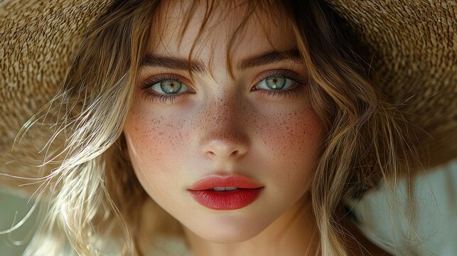 A person's portrait showcases red lipstick and a red hat, with lighting and shadows enhancing their features and the vibrant color scheme