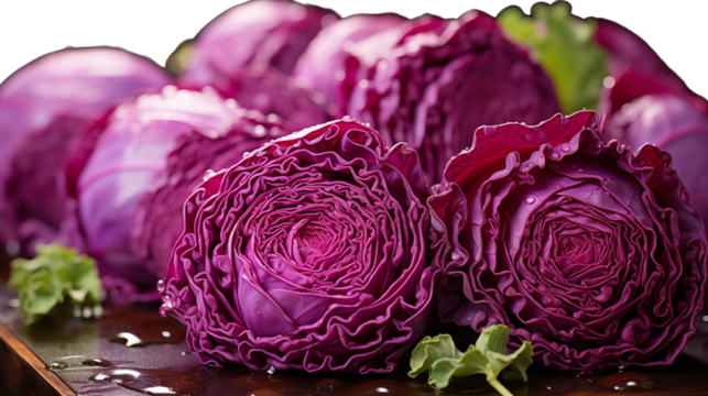 A crisp slice of red cabbage revealing its vivid purple layers and natural texture, studio view, isolated on transparent background.