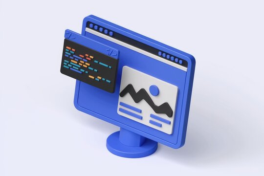 3D render of a computer screen displaying website design code and a sample image.