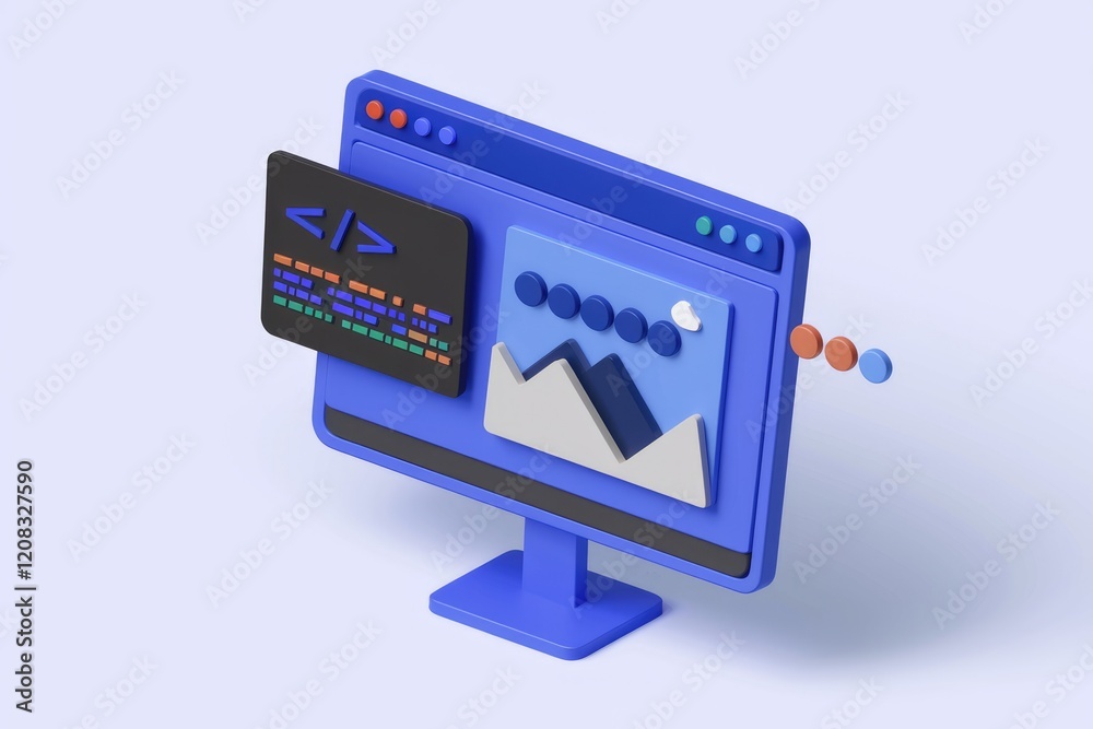 Aufkleber 3D illustration of a computer screen displaying code and an image, symbolizing web development.