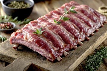 Fototapeta premium Freshly cut raw meat on a wooden cutting board, ideal for kitchen or restaurant use