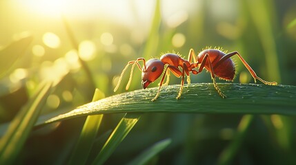 Detailed Macro Shot of Ant Navigating Through Sunlit Leaves Showcasing Natural Beauty : Generative AI