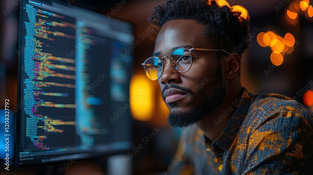 Poster focused individual engaged in coding task with colorful screen in a modern workspace