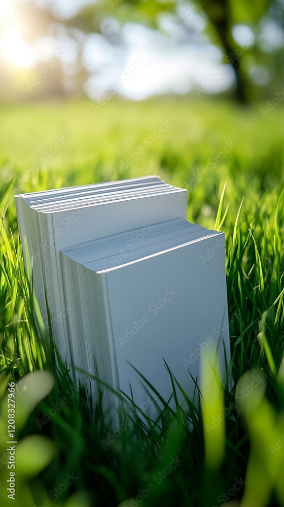 Poster Pile of Blank Books in Sunlit Field Offering Endless Creative Possibilities : Generative AI