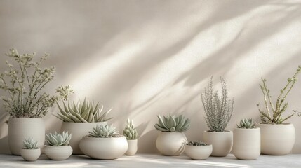 a serene botanical display of diverse desert plants arranged in handcrafted ceramic pots, featuring...