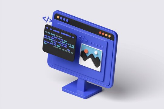 3D render of a blue computer monitor displaying code and an image, symbolizing web development.
