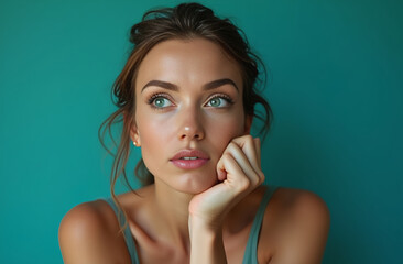 Curious, Thoughtful Expression, A woman resting her chin on her hand with a pensive look, gazing slightly to the side, on a solid teal background, thinking
