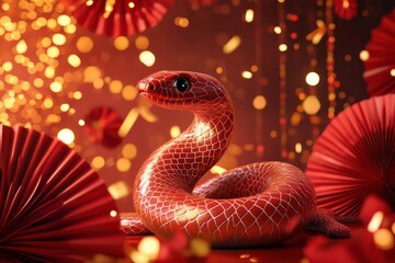 Fototapeta premium A cute cartoon red snake with an elegant background, featuring golden fireworks, red paper fans, and sparkling confetti