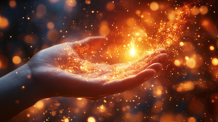 A hand reaching out to catch a spark of light, symbolizing the moment of inspiration and creative energy, with a modern blurred backdrop and empty space for captions, conveying a sense of chaos

