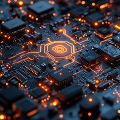 Fototapeta premium Illuminated Circuit Pathway on High-Performance Processor - Macro Shot of Technology Innovation