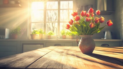 Fototapeta premium Vintage Vase with Whimsical Tulip Bouquet in Sunlit Kitchen Setting