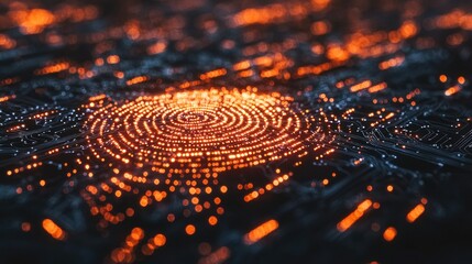 Fingerprint on circuit board, glowing orange light, city bokeh background.  Visualizing data