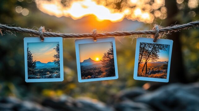 Three polaroid photos hung on a rope against a warm sunset backdrop