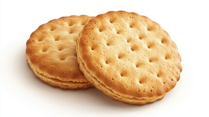 Two freshly baked round crackers with golden brown texture on a white background