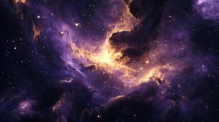 Obraz premium a swirling cosmic nebula of deep amethyst and metallic gold, created using alcohol ink technique, featuring ethereal marble-like patterns with crystalline formations and shimmering metallic accents