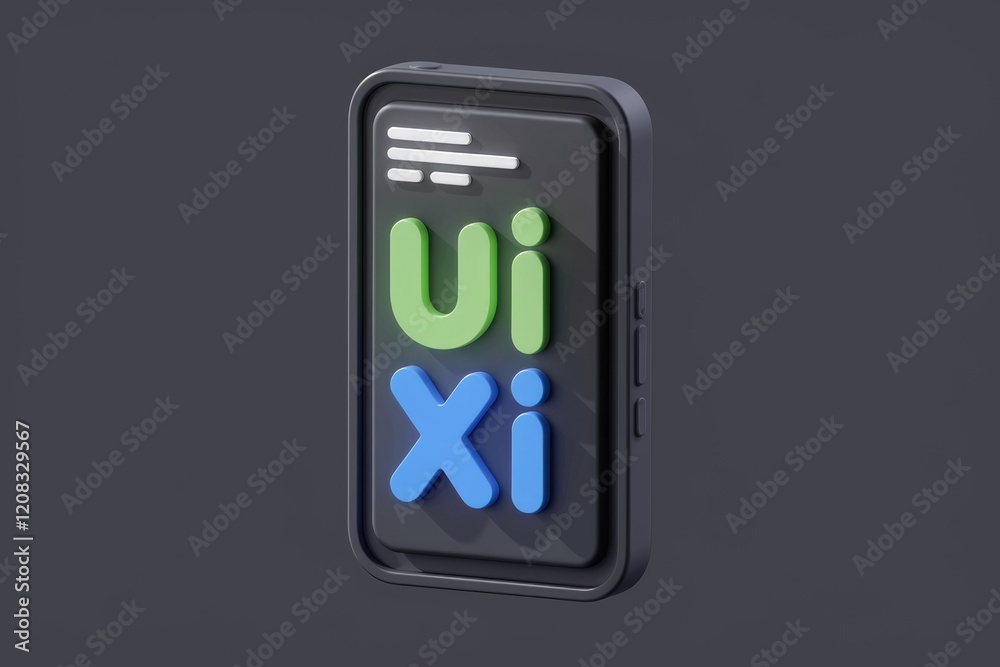Aufkleber A 3D render of a smartphone displaying 'UI/UX' in colorful, playful lettering, symbolizing user interface and user experience design.