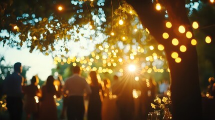 a vibrant garden soiree at dusk, string lights creating a magical canopy overhead, silhouettes of guests dancing and mingling beneath warm golden illumination, bokeh effect