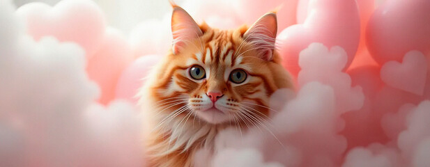 red cat with a eyes | Happy Day Valentine&acute;s | Commercial | Cute | Sky Background | Background for a love project  | Fantasy Sky Balloons