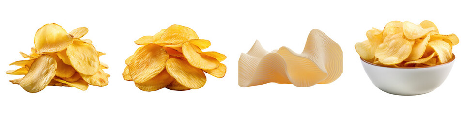 Potato chips isolated on transparent background, PNG die-cut, Set of