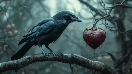 Dark crow perched on a twisted branch beside a dripping heart in a misty forest at twilight