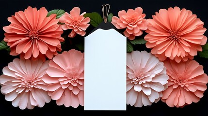 Obraz premium Coral and Peach Paper Flowers Surround Blank Tag