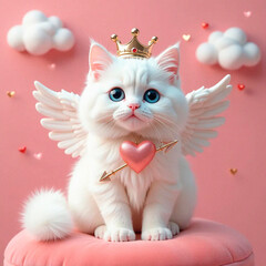 kitten with heart | white cat with a eyes | Happy Day Valentine&acute;s | Commercial | Cute | Pink Background | Background for a love project  | Fantasy Angel