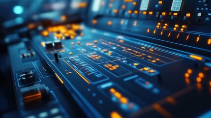 Futuristic control panel displaying complex data analysis and information processing with glowing lights and intricate circuitry, ideal for technology, innovation, and digital concepts
