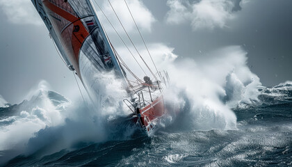 Sailboat is being pushed by the wind and water. The boat is in the middle of a wave and the water is splashing