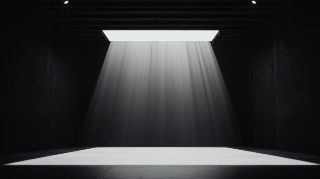 A massive pitch black perfectly symmetrical rectangular room with an extremely high ceiling and smooth featureless walls for interior architecture and ambiance