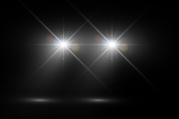 Realistic car headlights. Train front light beams, transparent bright glowing light rays, night road light effects. Vector 3d led lights