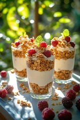 A colorful snack plate with yogurt, raspberries and cups