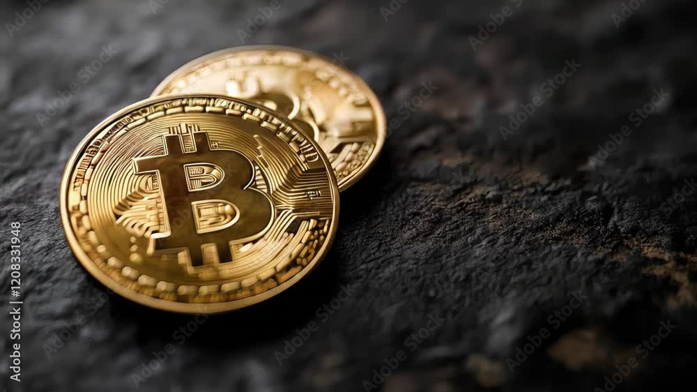 Poster two golden bitcoins are placed on a dark, textured stone surface, creating a dramatic contrast and s