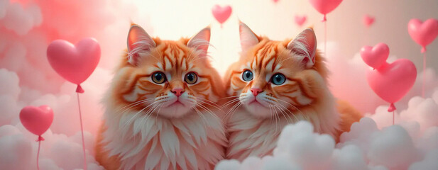 Balloons Love Two red cat with a eyes | Happy Day Valentine&acute;s | Commercial | Cute | Sky Background | Background for a love project  | Fantasy Sky Balloons