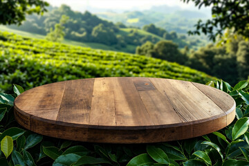 Fototapeta premium A wooden table sitting on top of a lush green field