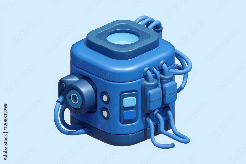 Poster a stylized 3d render of a blue, cube-shaped technological device with various tubes and components.