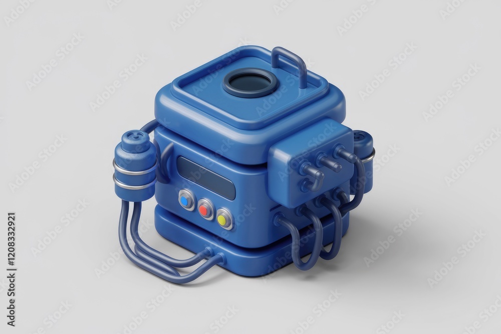 Poster A stylized 3D rendering of a compact, blue, technological device with various tubes and buttons.