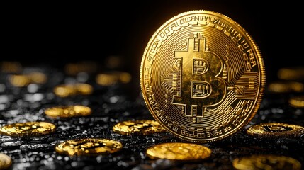 Close-up of a single gold Bitcoin cryptocurrency coin on a dark background surrounded by other coins.