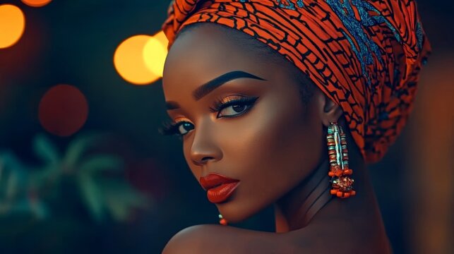 Woman showcases vibrant gele headwrap and bold makeup in a warm indoor setting during a festive celebration