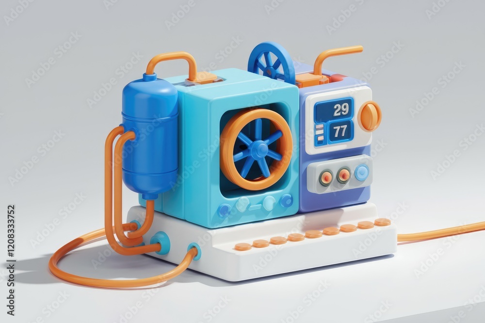 Poster a 3d render of a whimsical, colorful machine with pipes, dials, and a small fan, suggesting a playfu