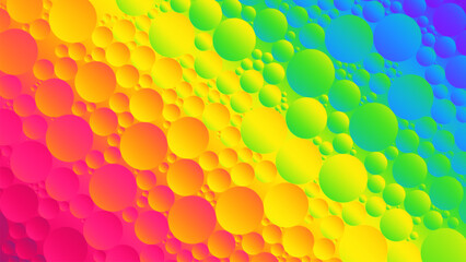 Colorful abstract macro view of transparent oil droplets circle pattern on rainbow gradient background. Close-up vibrant artistic oil bubbles of various sizes on the water surface. Vector illustration